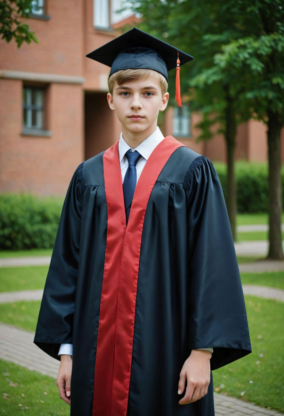 Face Swap, Campus Style, Photographic Art , People, boy, campus style, 1boy, male focus, necktie, hat, blue necktie, outdoors, looking at viewer, blurry, blurry background, blonde hair, shirt, tree, white shirt, korean clothes, collared shirt, long sleeves, grass, day, cosplay, standing, blue eyes, closed mouth