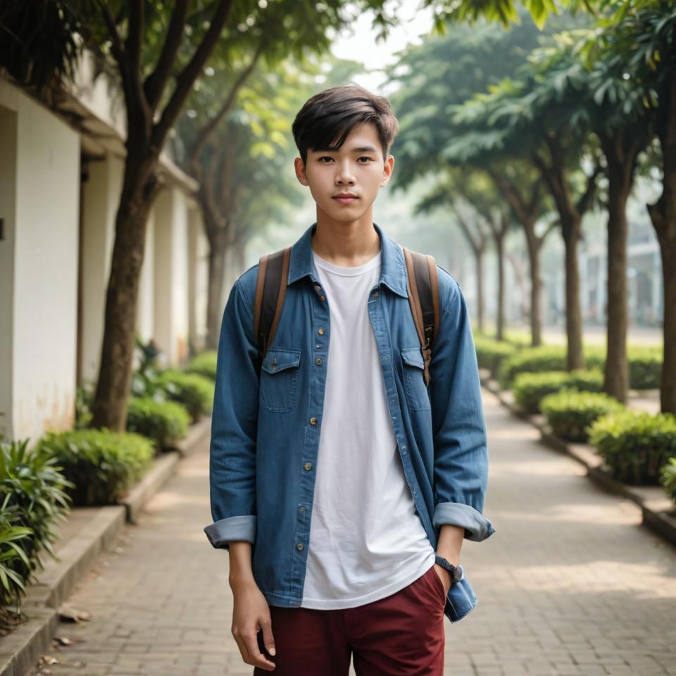 Face Swap, Campus Style, Photographic Art , People, boy, campus style, 1boy, male focus, denim jacket, outdoors, pants, shirt, jacket, hand in pocket, black hair, tree, blurry, white shirt, looking at viewer, pocket, realistic, blurry background, day, short hair, open clothes, blue jacket, denim, standing, road, bag, black eyes, cowboy shot, watch, phone, open jacket
