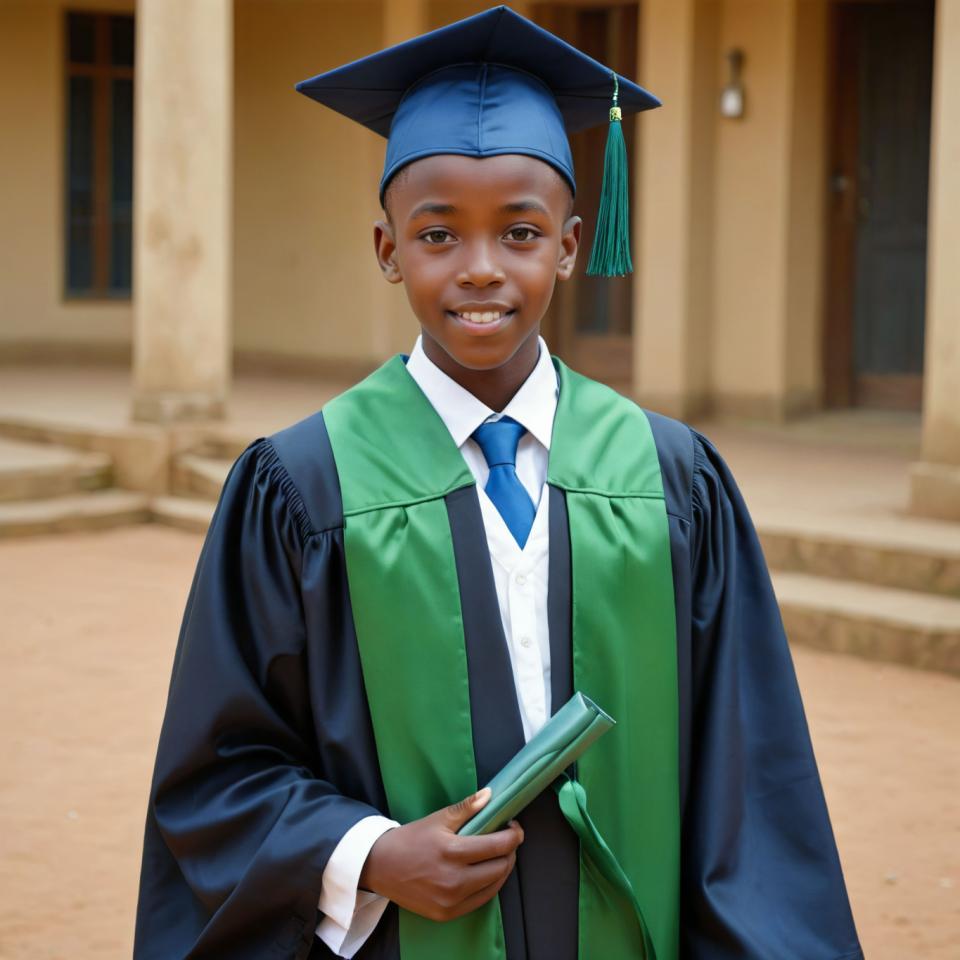 Face Swap, Campus Style, Photographic Art , People, boy, campus style, 1boy, male focus, shirt, necktie, holding, hat, looking at viewer, smile, blurry background, long sleeves, white shirt, blurry, collared shirt, blue necktie, holding fan, robe, dark skin, tassel, teeth, folding fan, dark-skinned male, hand fan, black eyes, realistic, short hair, outdoors, grin, standing, blue headwear, wide sleeves, vest, lips