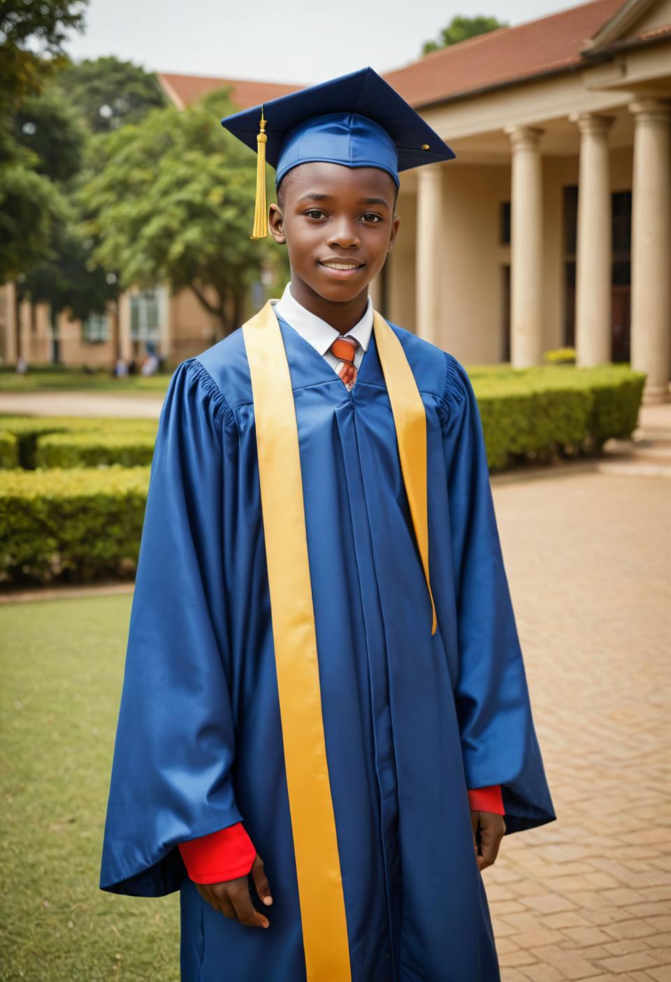 Face Swap, Campus Style, Photographic Art , People, boy, campus style, 1boy, male focus, hat, dark skin, dark-skinned male, outdoors, smile, looking at viewer, photo background, blue headwear, necktie, standing, long sleeves, tree, cosplay, blurry background, blurry, day