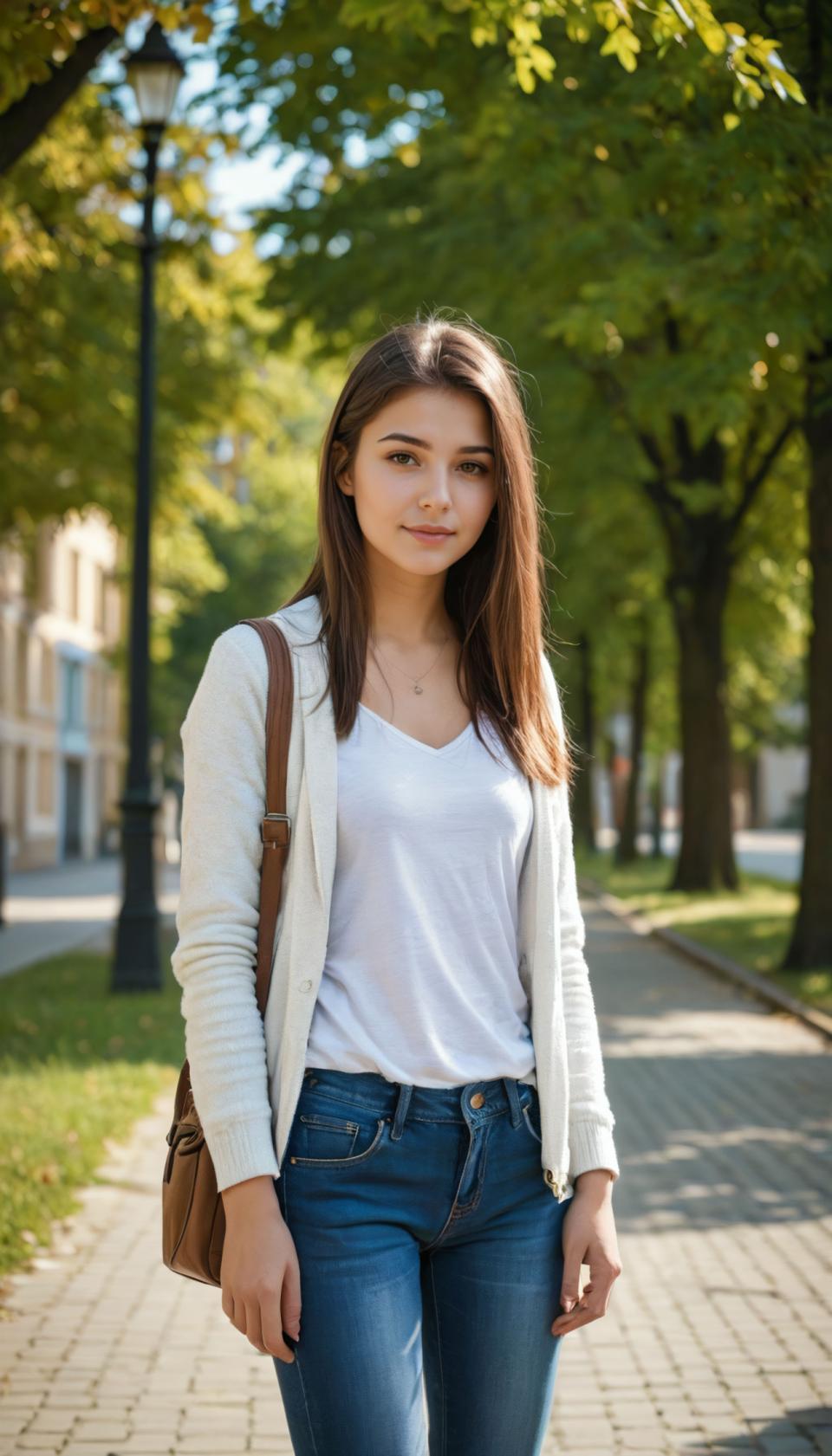 Face Swap, Campus Style, Photographic Art , People, girl, campus style, 1girl, outdoors, pants, brown hair, denim, bag, jeans, tree, long hair, realistic, shirt, jewelry, brown eyes, necklace, white shirt, jacket, looking at viewer, blurry, day, blurry background, standing, blue pants, arms at sides, lips, handbag, shoulder bag, white jacket