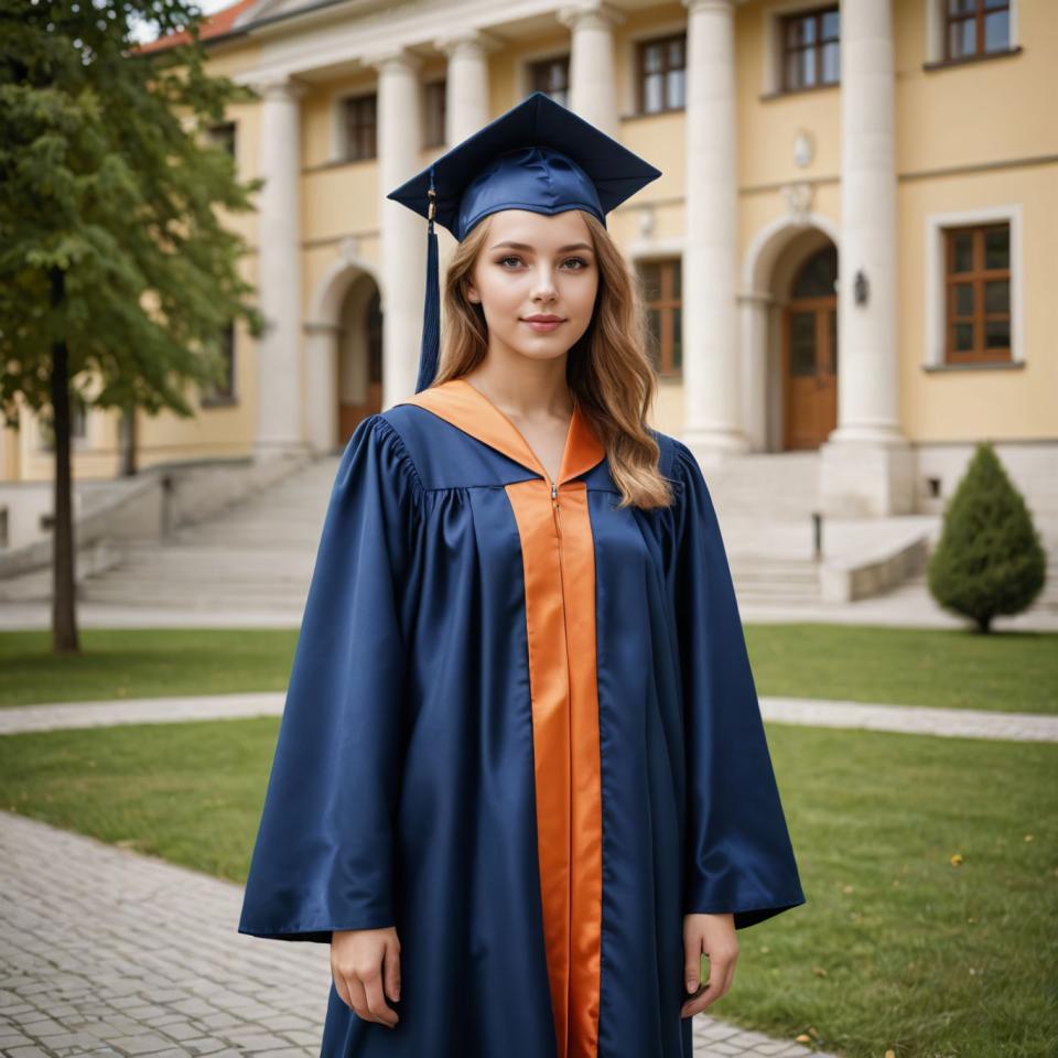 Face Swap, Campus Style, Photographic Art , People, girl, campus style, 1girl, outdoors, long hair, hat, blonde hair, looking at viewer, tree, standing, grass, blurry, day, robe, realistic, long sleeves, closed mouth, house, building, blue headwear, blurry background, cosplay, brown eyes, blue eyes