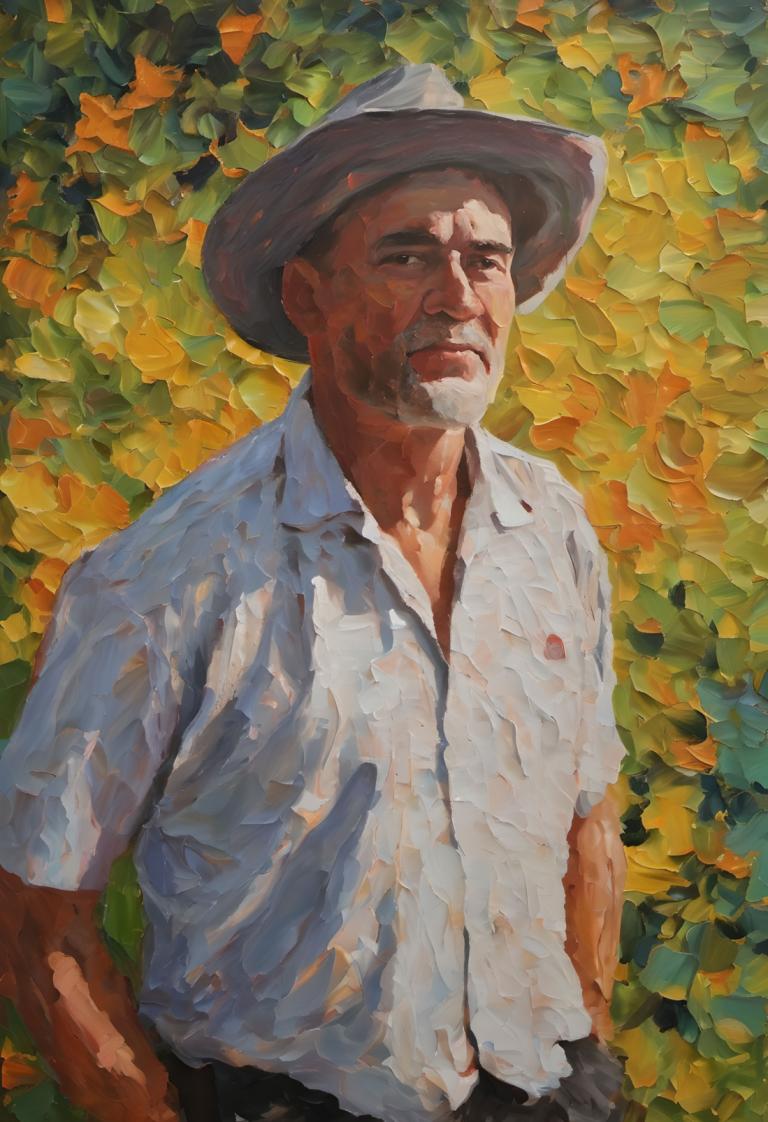 油画,油画, 人物, 男人, 1男孩, 男性焦点, 帽子, 衬衫, 白衬衫, 实际的, 胡子, 有领衬衫, 胡须, 裤子, 叶子, 户外, 腰带, 短袖, 黑裤子