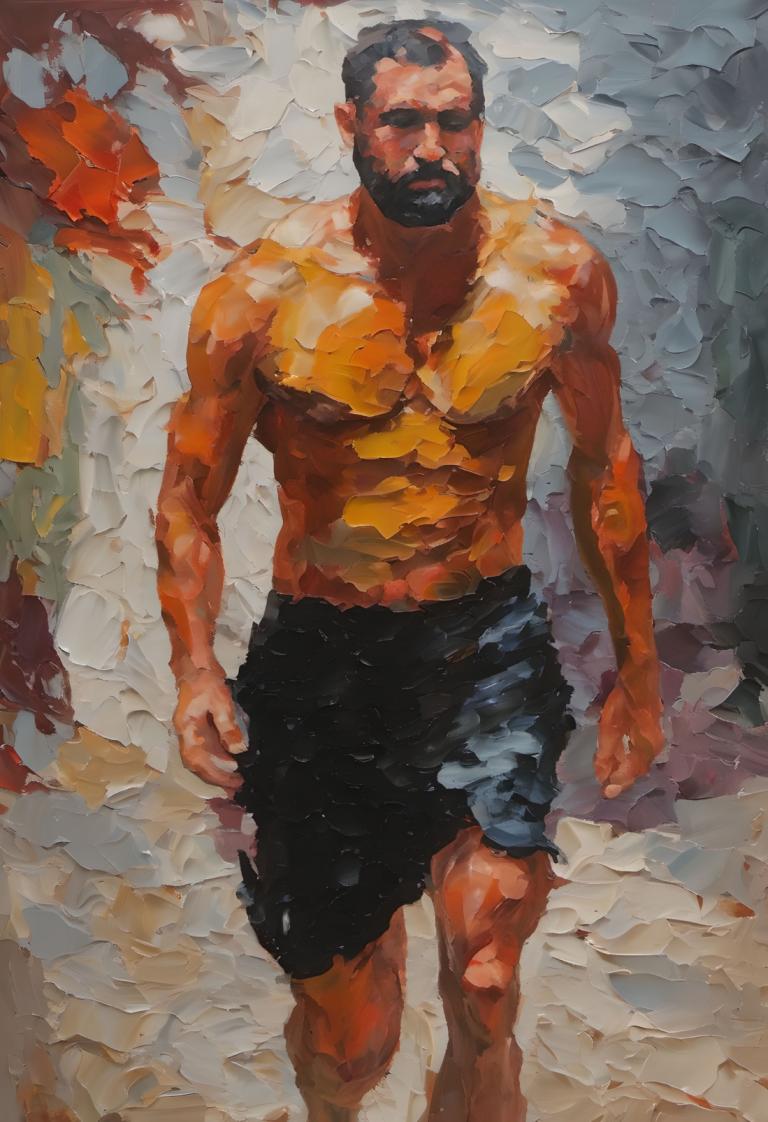 油画,油画, 人物, 男人, 男性焦点, 1男孩, 赤裸上身的男性, 胡子, 短裤, 胡须, 黑发, 肌肉发达的, 常设, 黑色短裤, 胸肌, 撕破的衣服