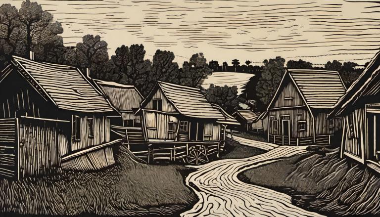 Woodcut,Woodcut, Village, village, tree, monochrome, house, scenery, outdoors, grass, traditional media, sky