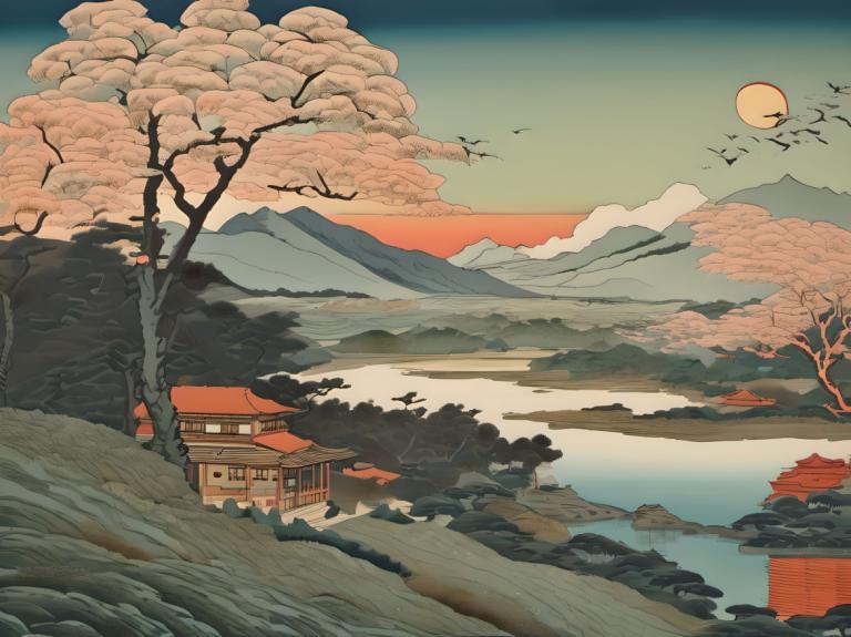 Ukiyo-E,Ukiyo-E, Nature, landscape, tree, scenery, mountain, outdoors, sky, cloud, bird, sun, bare tree
