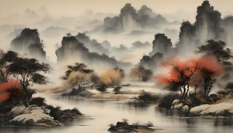 国画,国画, 自然, 风景, 树, 风景, 多雾路段, 水, 户外, 自然, 山, 河, 蒸汽, 景观, 森林, 岩石, 云, 湖, 天空, 瀑布