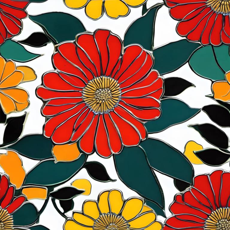 Art de l'émail,Art de l'émail, Nature, fleurs, fleur, nature morte, feuille, fleur jaune, fleur rouge
