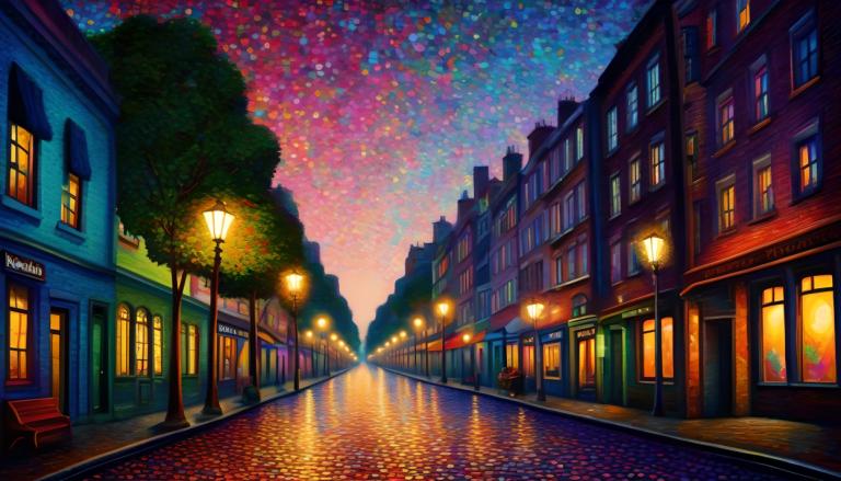 Pointillism,Pointillism, City, street, lamppost, scenery, sky, outdoors, road, building, tree, street, night