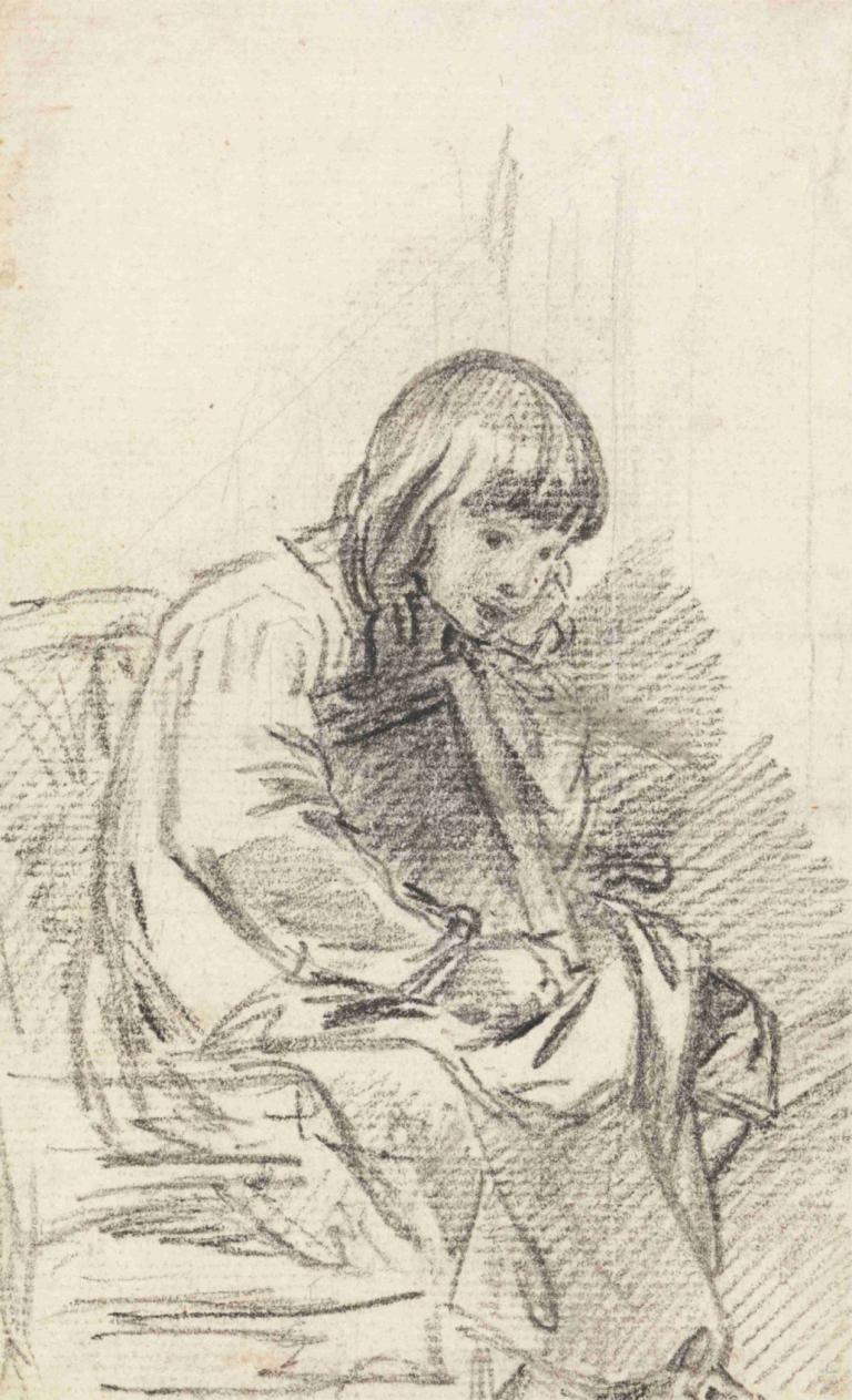 A Child Seated,坐着的孩子,Benjamin West,本杰明-韦斯特,素描,素描, 单色, 1个女孩, 坐着, 草图, 传统媒体