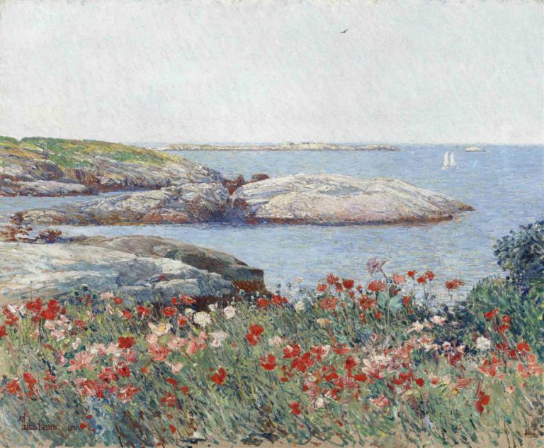 Poppies,Isles of Shoals,罂粟花，浅滩岛,Childe Hassam,奇尔德-哈萨姆,油画,油画, 户外, 花, 风景, 传统媒体, 天, 天空, 海洋, 水, 草, 红花, 景观, 地平线