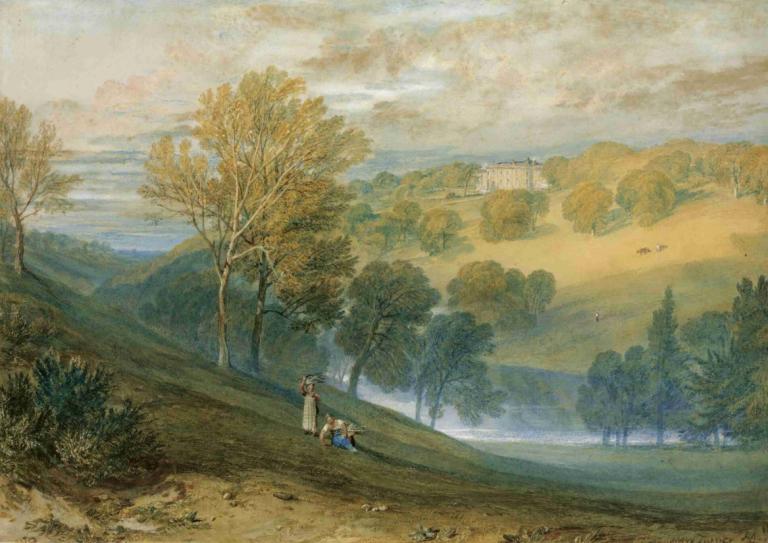 Gledhow Hall, Yorkshire,约克郡格莱豪庄园,Joseph Mallord William Turner,约瑟夫-马洛德-威廉-透纳,油画,油画, 树, 户外, 风景, 传统媒体, 帽子, 云