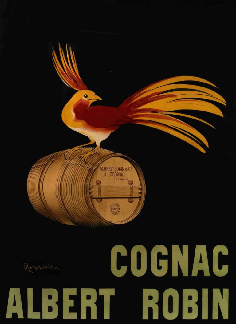 Cognac Albert Robin,阿尔贝-罗宾干邑,Leonetto Cappiello,莱昂内托-卡皮罗,插画,插画, 鸟, 英文文本, 动物焦点, 黑色背景, 简单的背景, 艺术家姓名, 签名, 动物, 鸭子