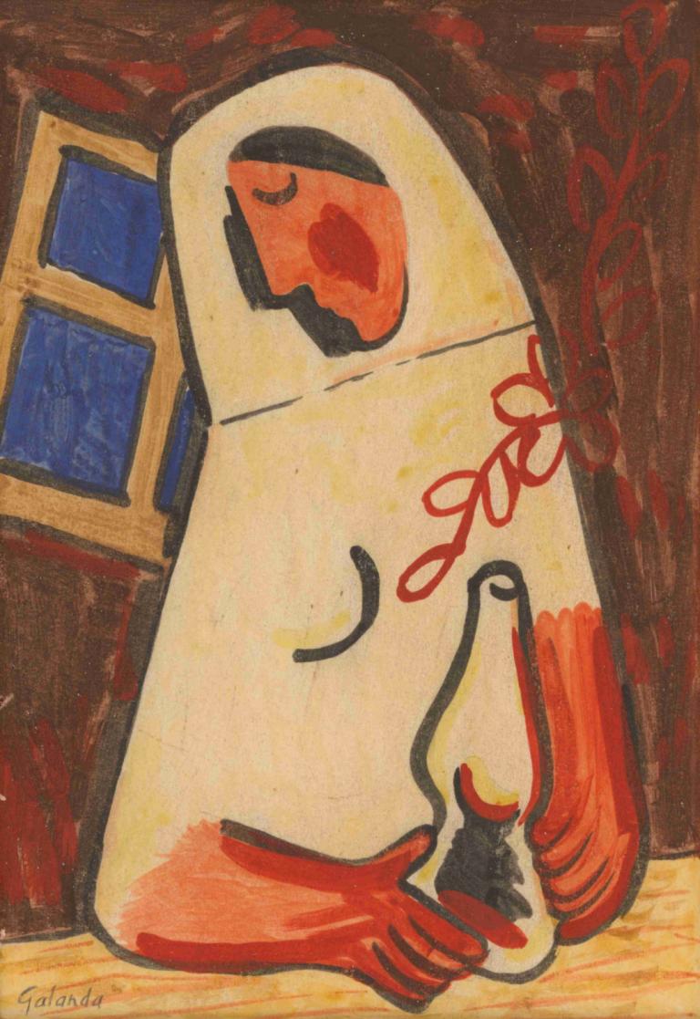 Sitting woman,坐着的女人,Mikuláš Galanda,米库拉斯-加兰达,插画,插画, 传统媒体, 在室内, 美术模仿, 签名, 窗户, 绘画（物体）, 红带