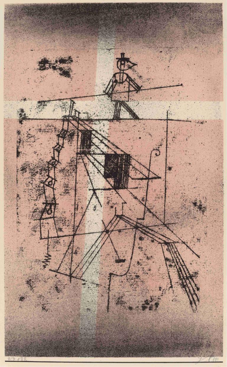 The Tight Rope Walker (Seiltänzer),紧绳步行者,Paul Klee,保罗-克利,插画,插画, 电力线路, 电线杆, 户外, 单色, 边界, 天空